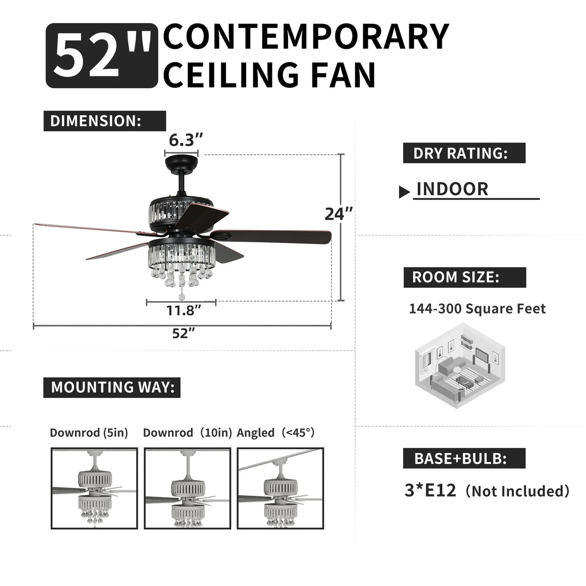 Black Crystal Ceiling Fan with Remote G4495