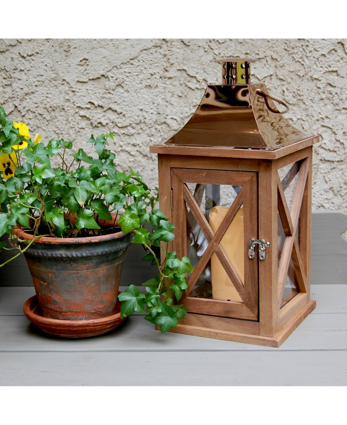 Natural Wooden Lantern with Copper Roof and LED Candle W52434