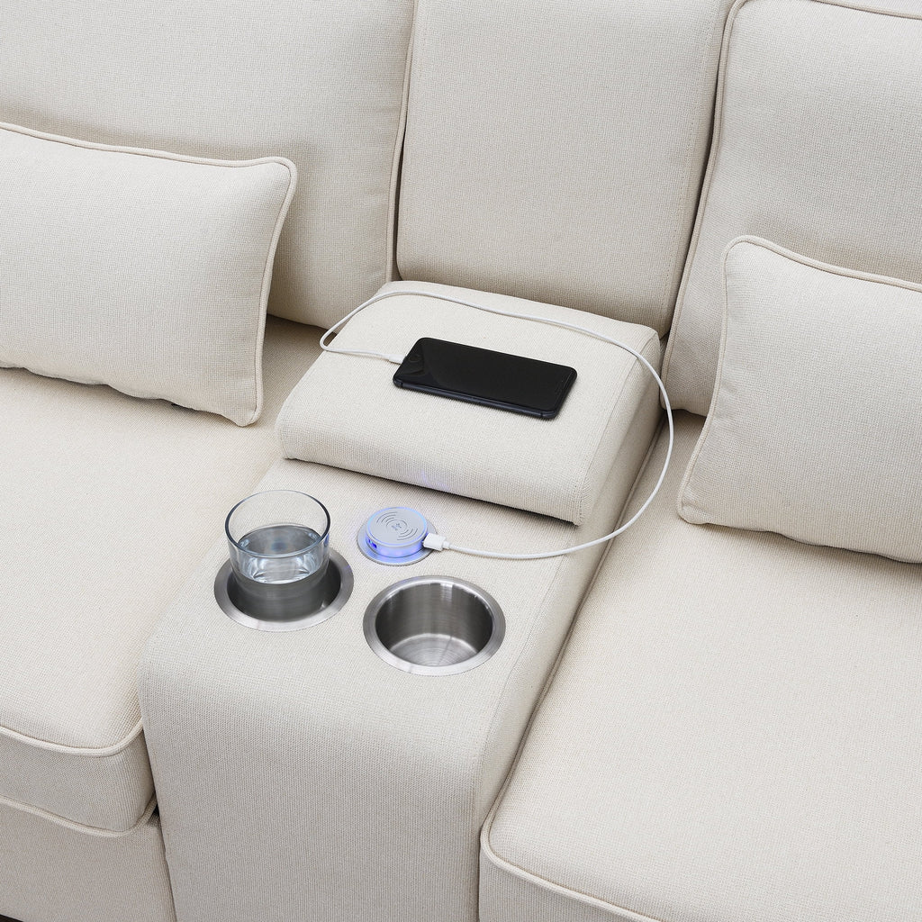 Upholstered Sofa with Console, 2 Cupholders and 2 USB Ports, Linen Fabric, 4-Seat P334489