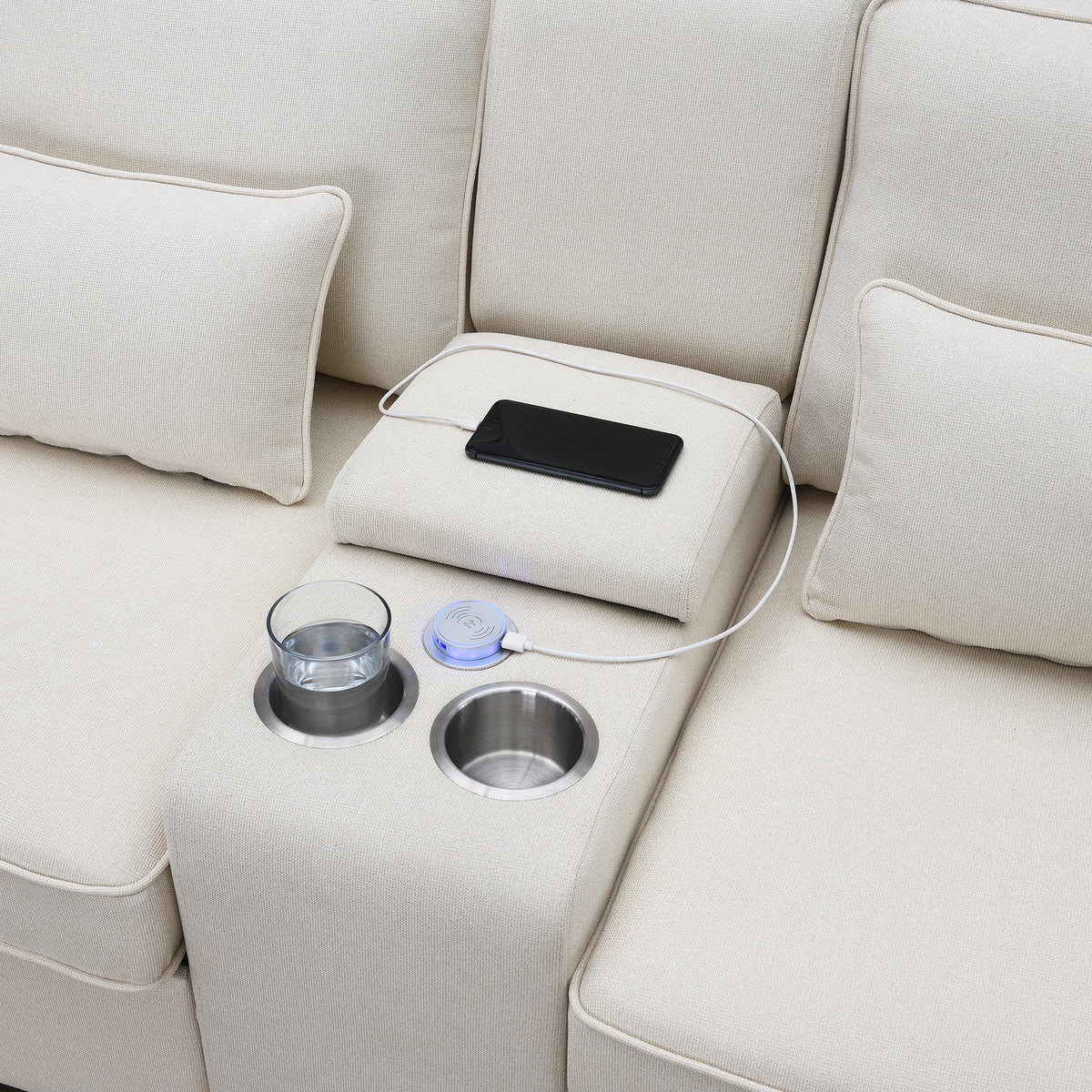 Upholstered Sofa with Console, 2 Cupholders and 2 USB Ports, Linen Fabric, 4-Seat P334489