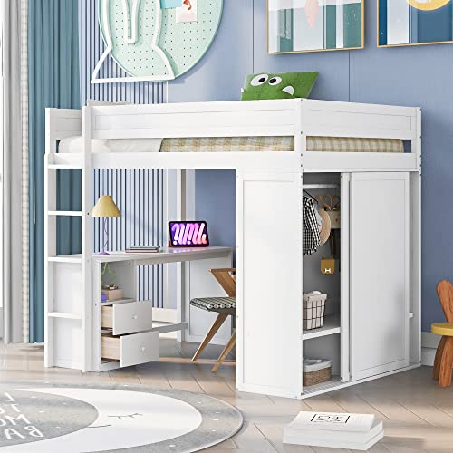 White Wooden Full Size Loft Bed with Storage Wardrobe, Desk, Drawers, Cabinet, and Ladder E514275