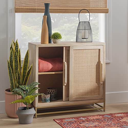 Natural Rattan and Gold Base Two Drawer Cabinet, Beige Y510629