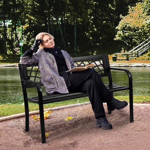 46 inches Metal Garden Bench with Backrest and Armrests T1909
