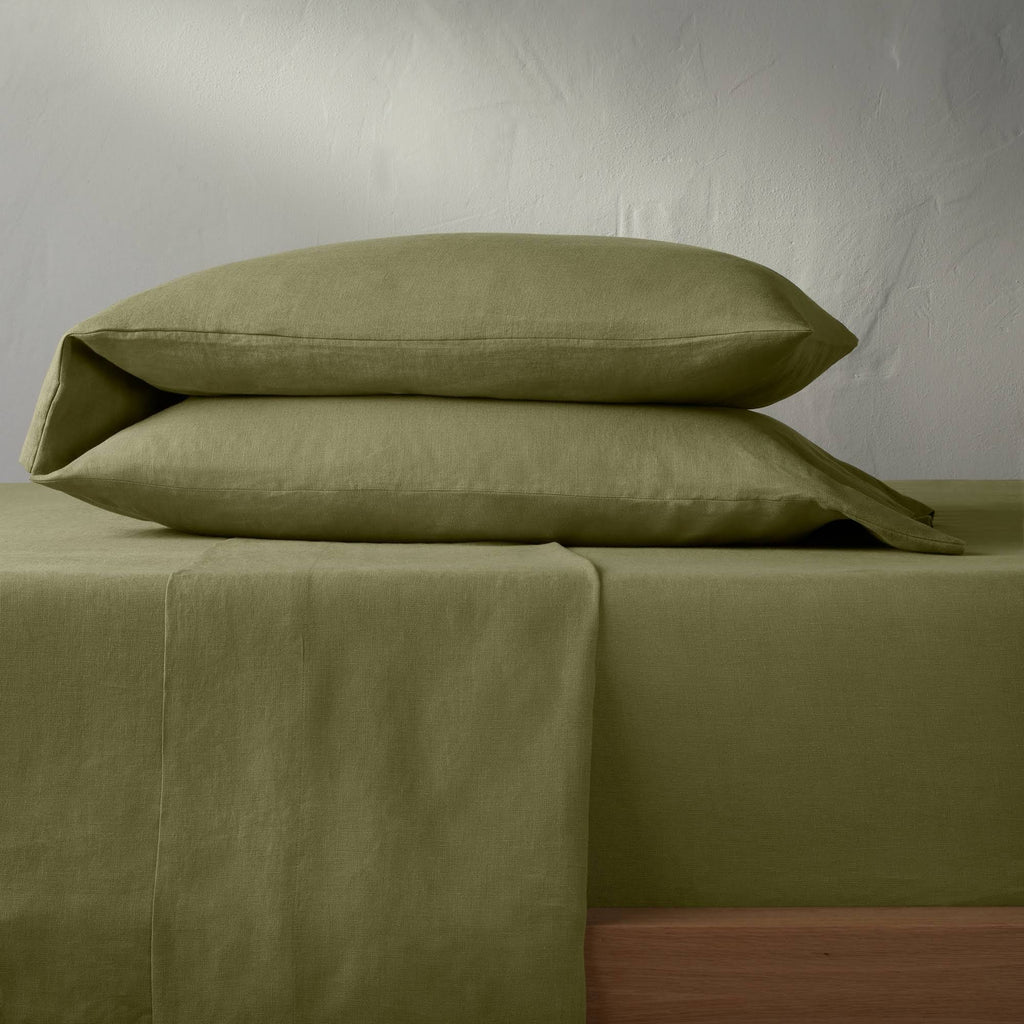 Moss Green California King 100% Washed Linen Solid Sheet Set Q89092