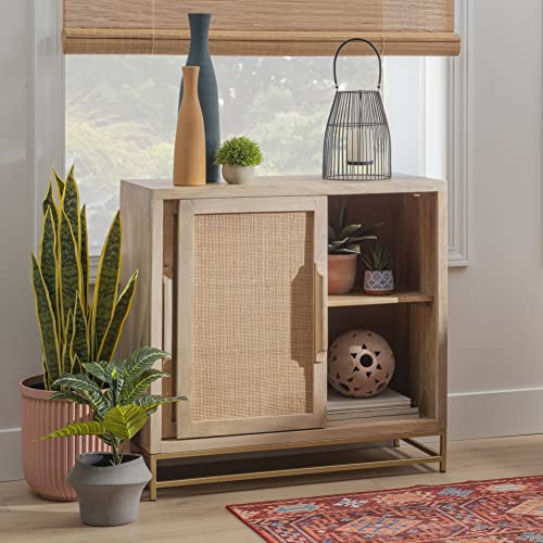 Natural Rattan and Gold Base Two Drawer Cabinet, Beige Y510629