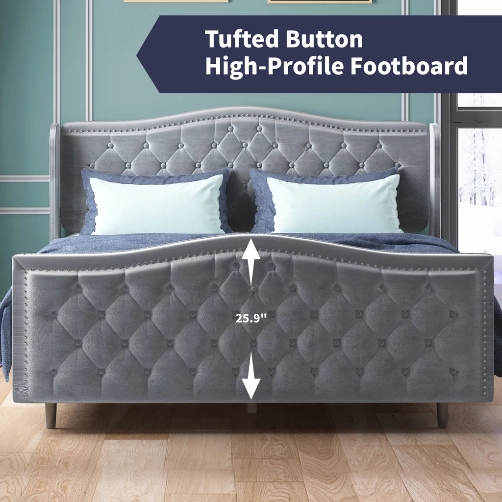 King Size Button Tufted Velvet Platform Bed Frame, Silver Grey X55323