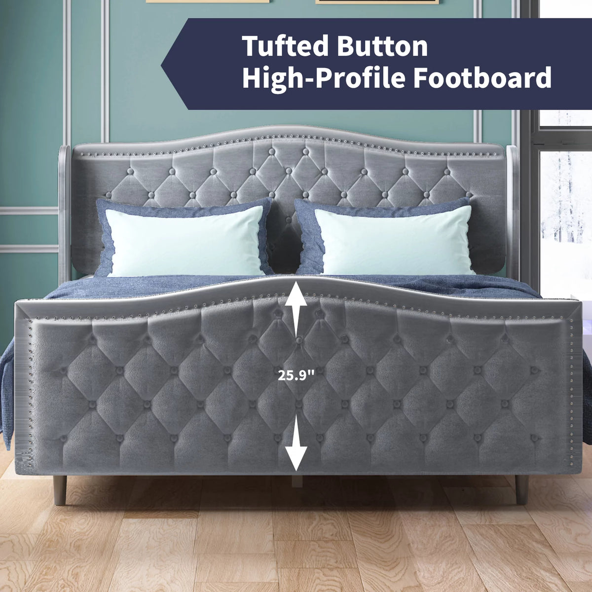 King Size Button Tufted Velvet Platform Bed Frame, Silver Grey X55323