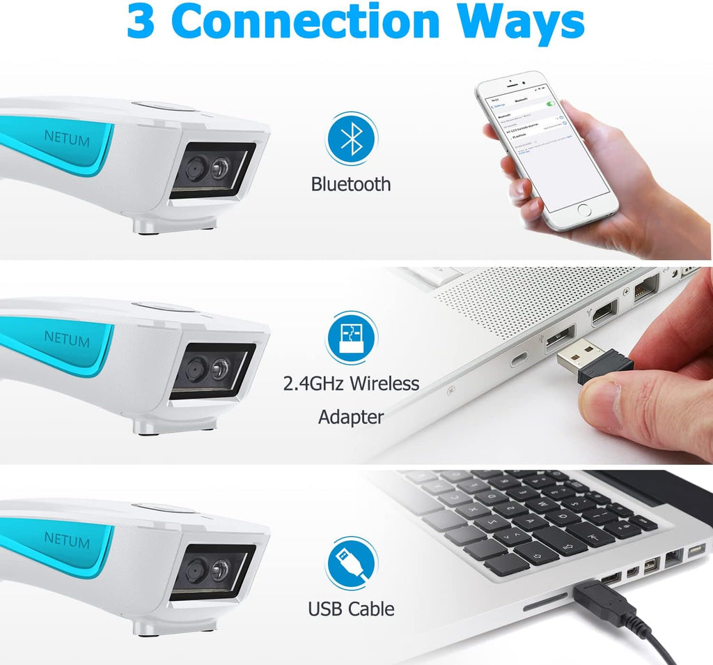 Wireless 2D QR Barcode Scanner, Bluetooth Portable Pocket Small 1D 2D Bar Code Reader, White Pack of 2 B483