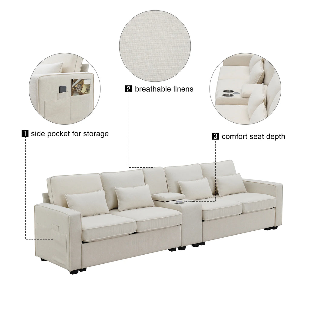 Upholstered Sofa with Console, 2 Cupholders and 2 USB Ports, Linen Fabric, 4-Seat P334489