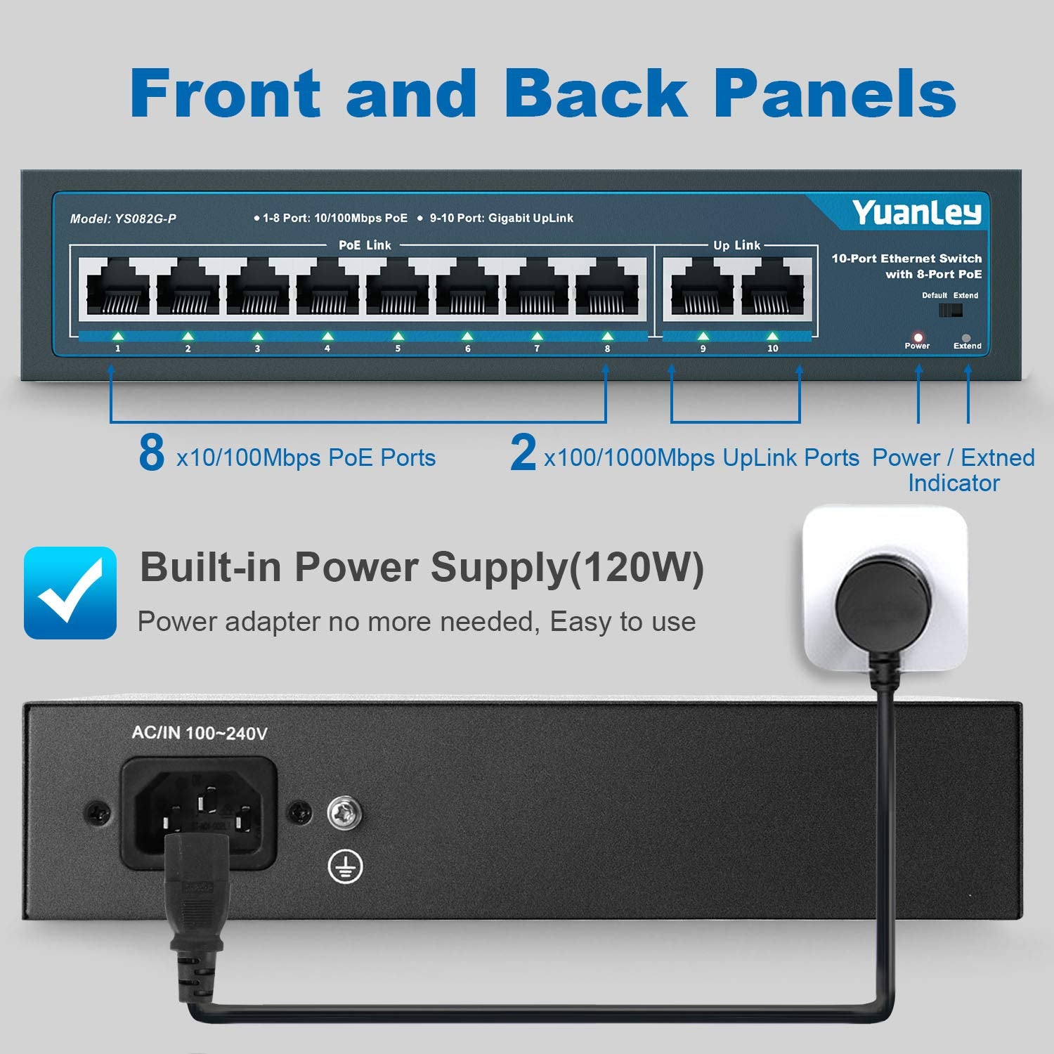 10 Port PoE Switch, 8 PoE+ Port 100Mbps, 2 Gigabit Uplink, 120W, Metal, Fanless, Pack of 2 L5738