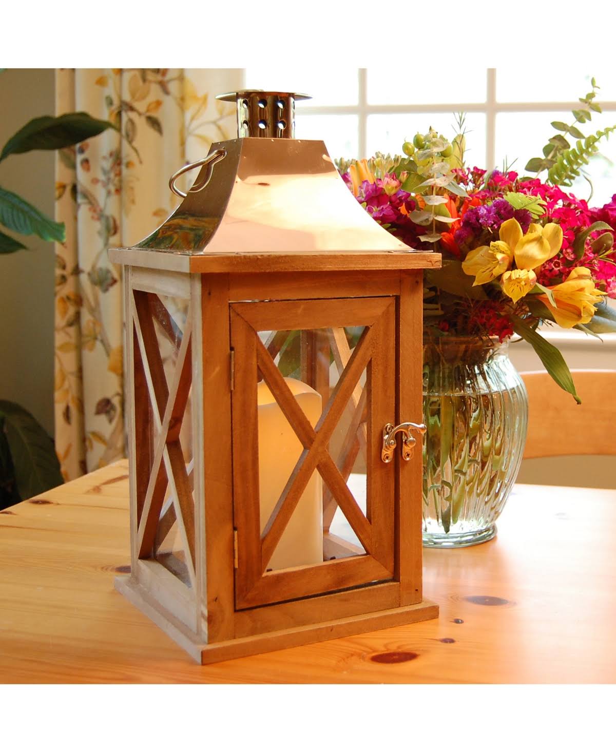 Natural Wooden Lantern with Copper Roof and LED Candle W52434
