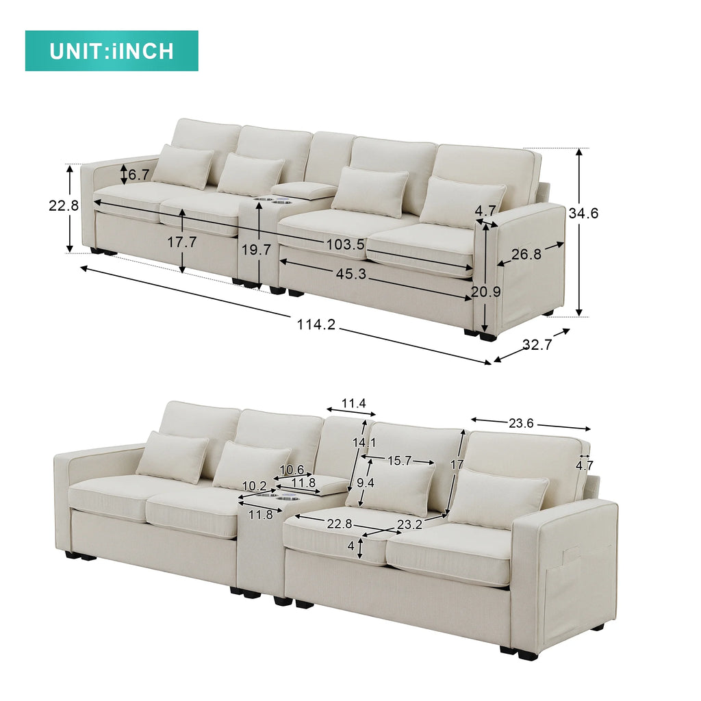 Upholstered Sofa with Console, 2 Cupholders and 2 USB Ports, Linen Fabric, 4-Seat P334489