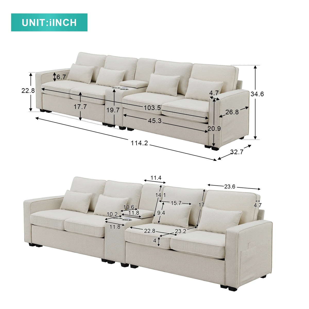 Upholstered Sofa with Console, 2 Cupholders and 2 USB Ports, Linen Fabric, 4-Seat P334489