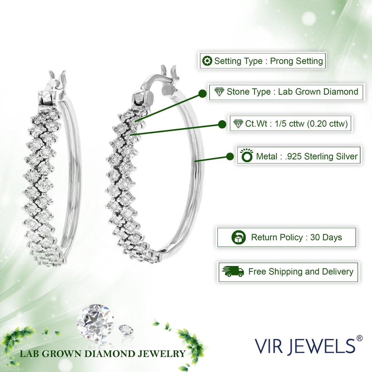 1/5 CTTW Lab Grown Diamond Hoop Earrings 925 Sterling Silver Q235882