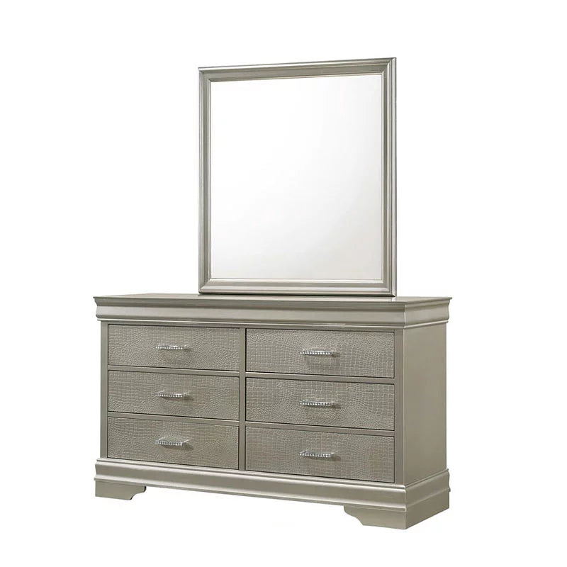 Silver Finish King Size Panel Upholstered Bed Dresser Mirror Nightstand Chest Set H510
