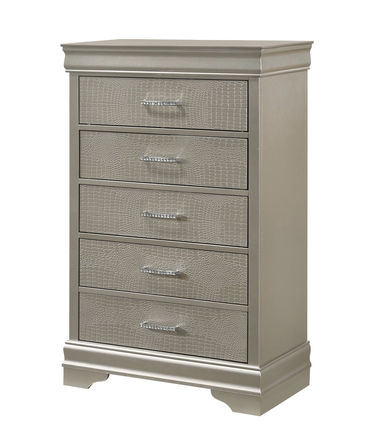 Silver Finish King Size Panel Upholstered Bed Dresser Mirror Nightstand Chest Set H510
