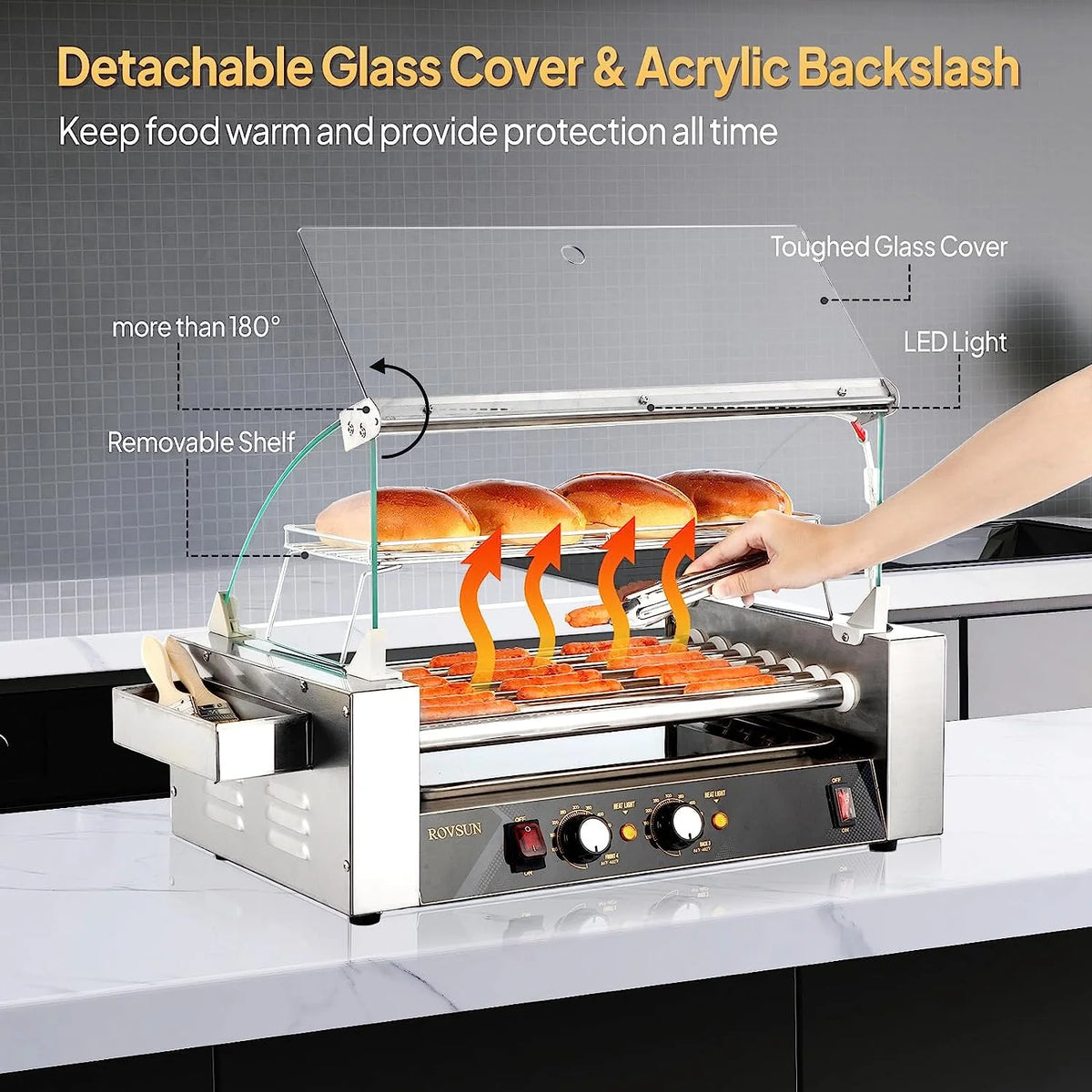 Hot Dog Roller Grill Cooker Machine with Cover, Dual Temp Control, Removable Drip Tray K46830