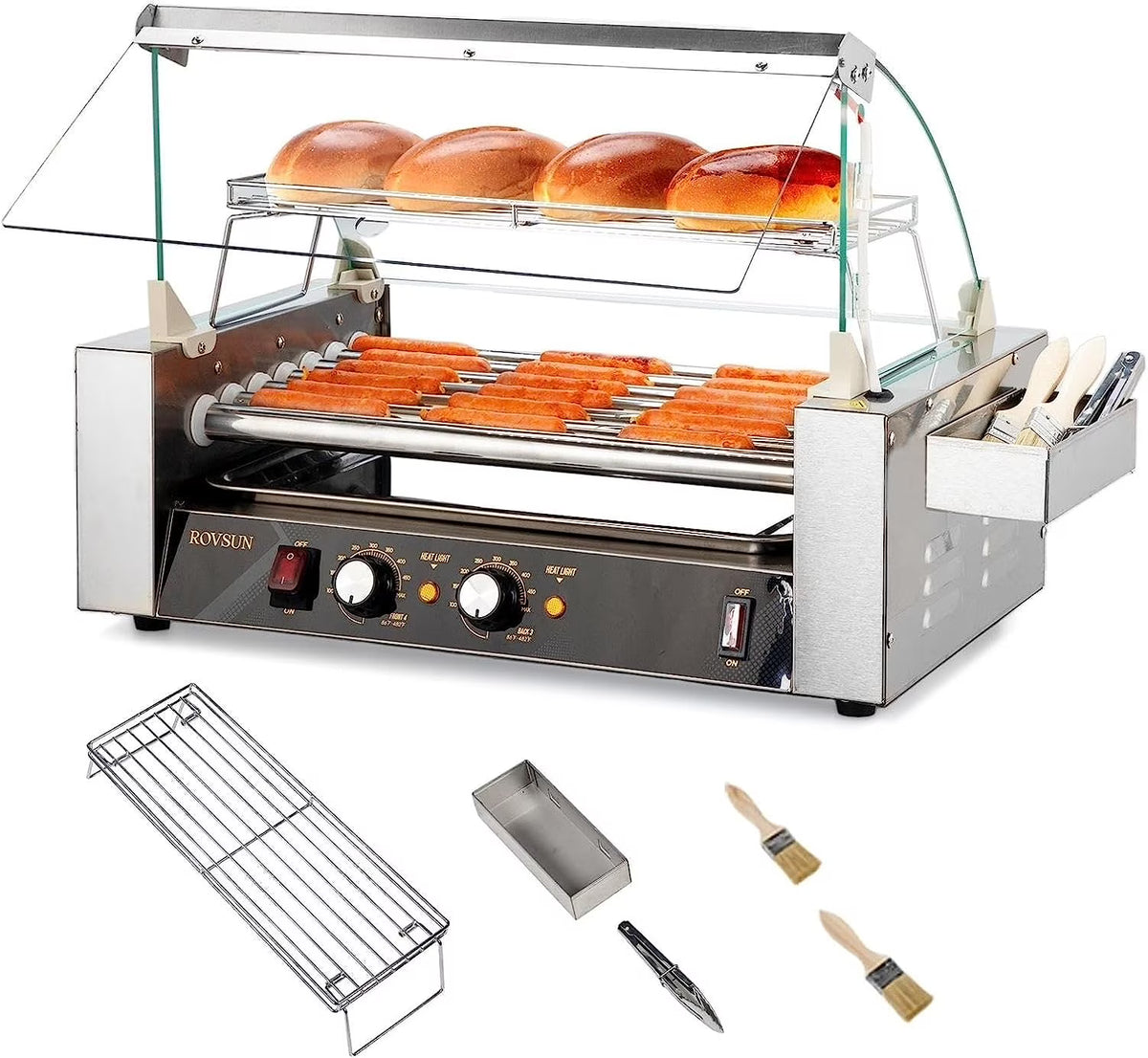 Hot Dog Roller Grill Cooker Machine with Cover, Dual Temp Control, Removable Drip Tray K46830