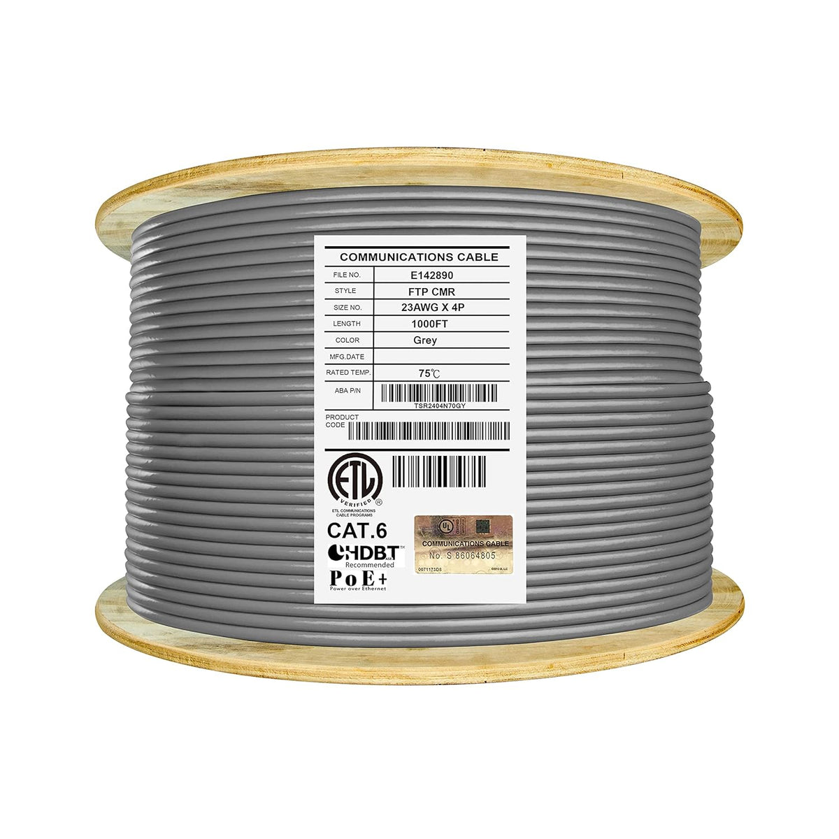 Bulk Ethernet Cable Reel, Cat6 Shielded Riser, 1000ft, F/UTP 23AWG, Solid Bare Copper, Grey V72047