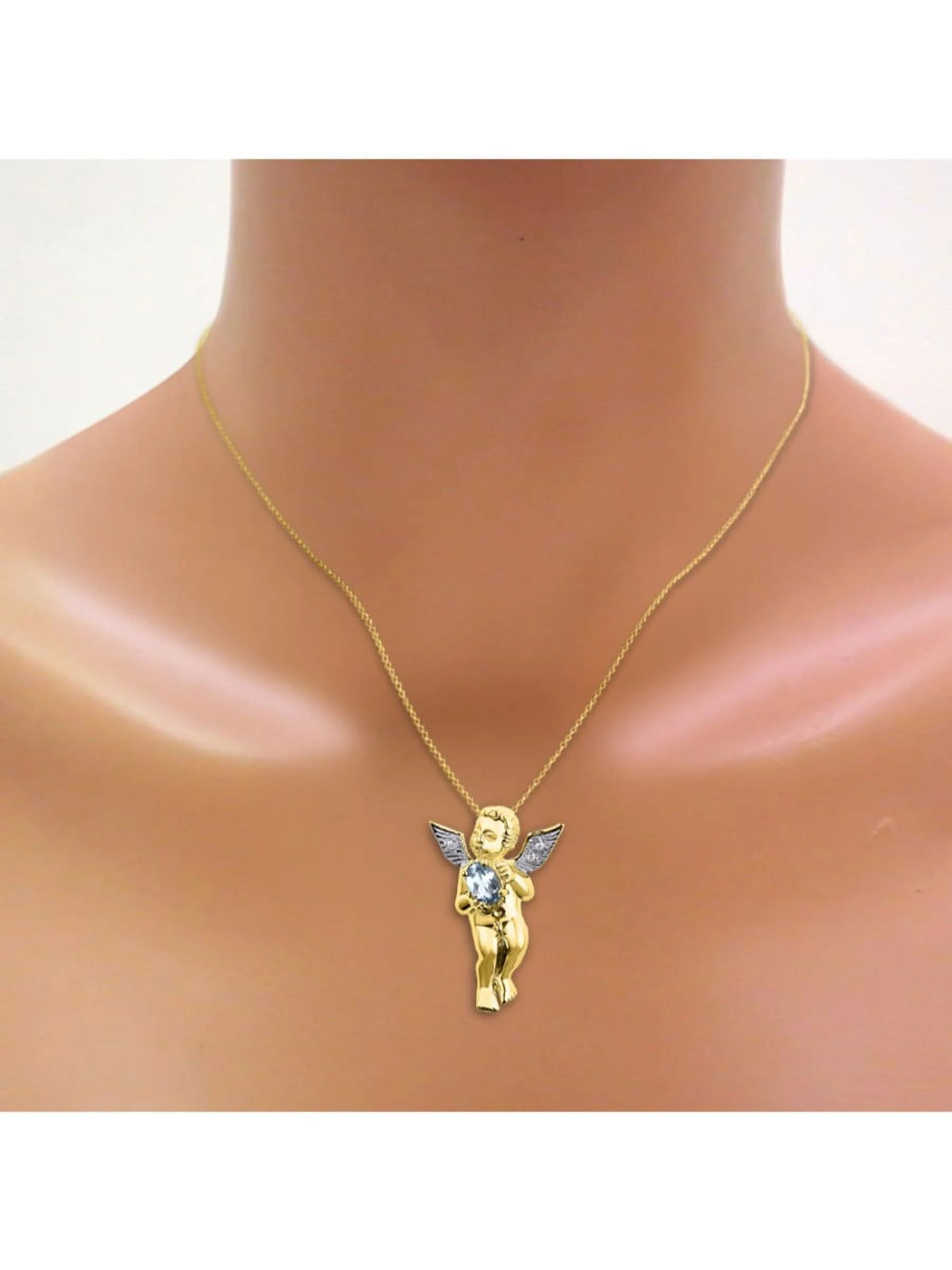 Yellow Gold Plated Hugs & Kisses Angel Necklace, Tennis Bracelet, & Ring with Diamonds Adjustable 7"-8" Wrist & 18" Chain Aquamarine Birthstone Jewelry K95092