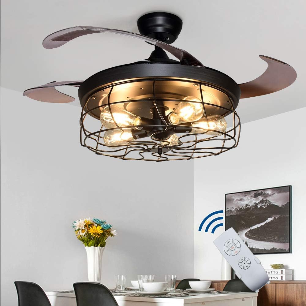 20In Caged Ceiling Fan with Light, 3 Speeds Adjustable, Remote, Black T7005