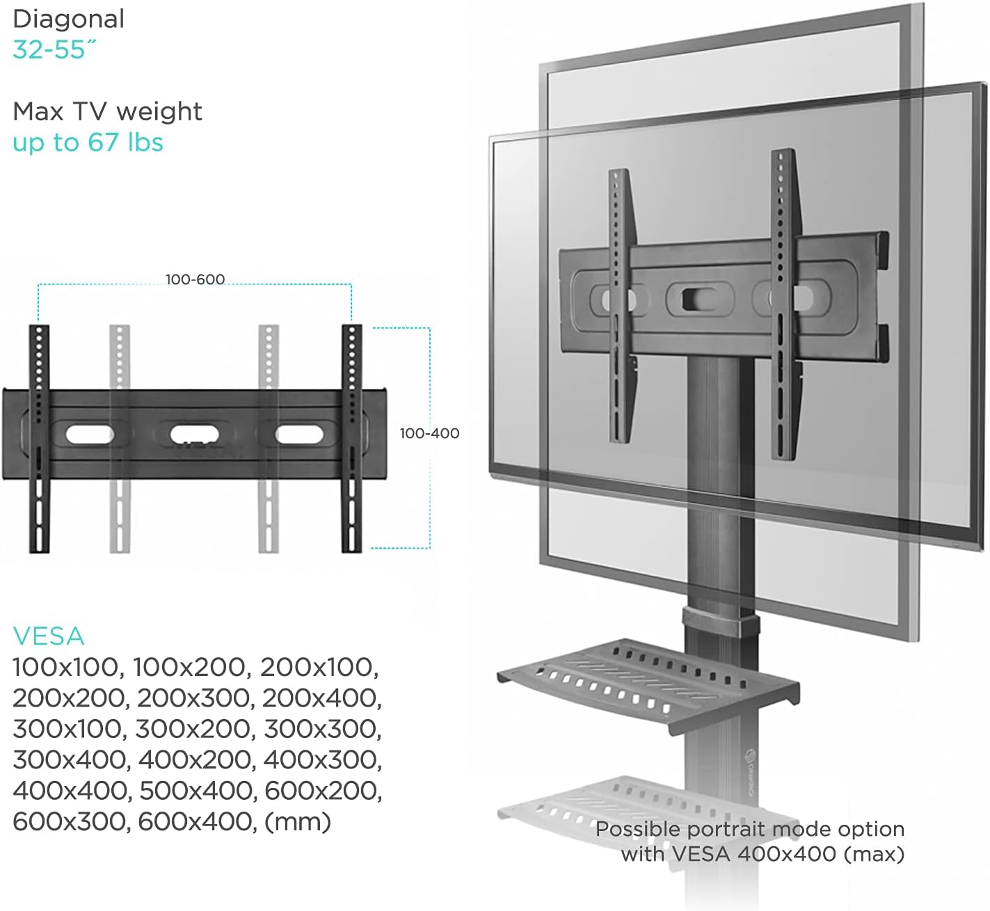 Mobile TV Stand with Wheels for 32-55 Inch TVs with 2 Shelves Height Adjustable L861618
