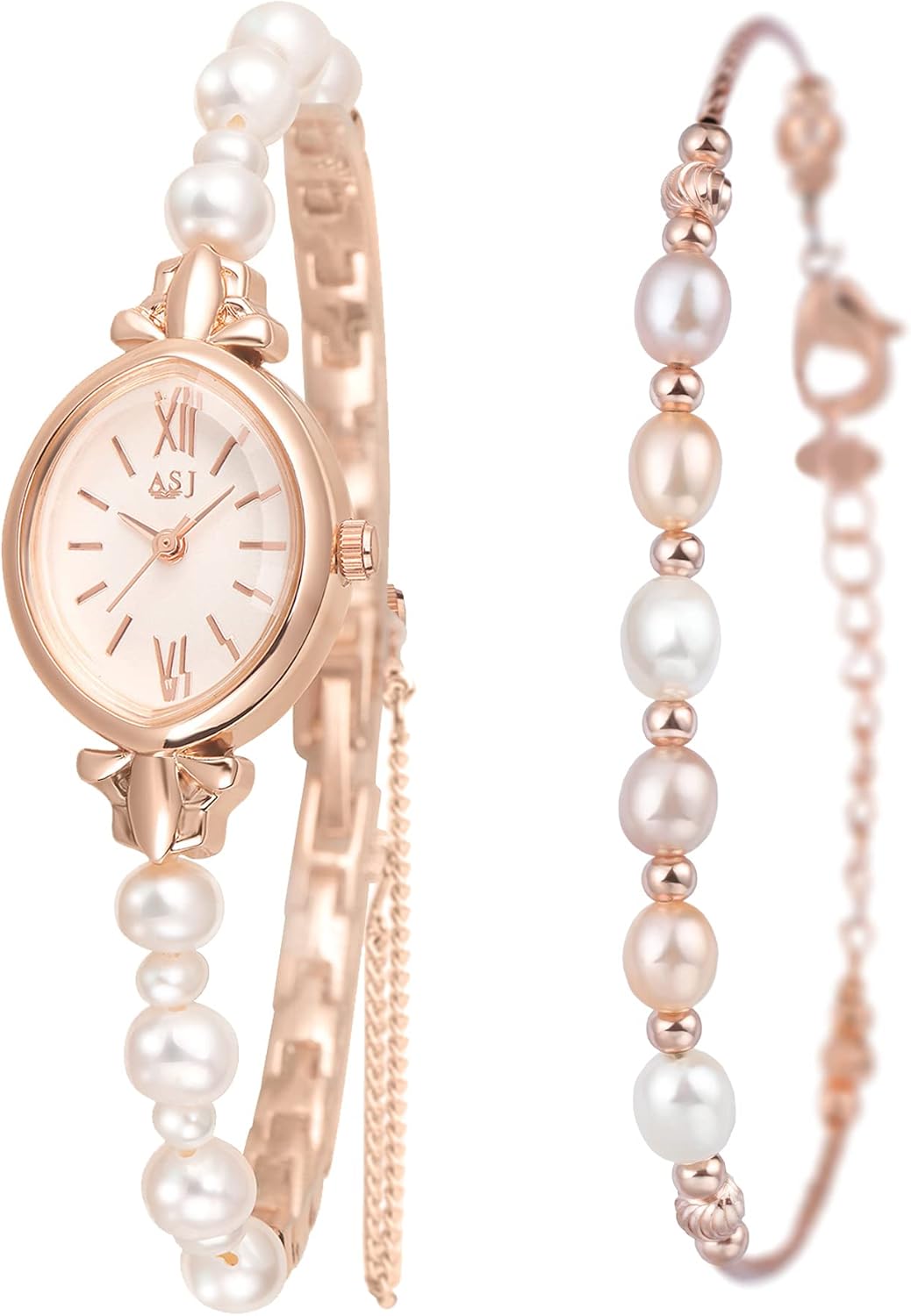 Natural Pearls Watch and Bracelet Set Rose Gold Ladies Dress Watch Set Oval Dial Wrist Watches with Pearl Bracelet M368
