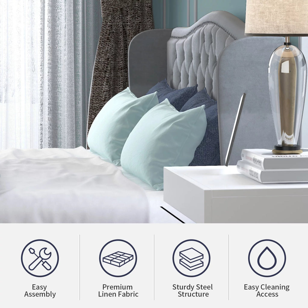 King Size Button Tufted Velvet Platform Bed Frame, Silver Grey X55323