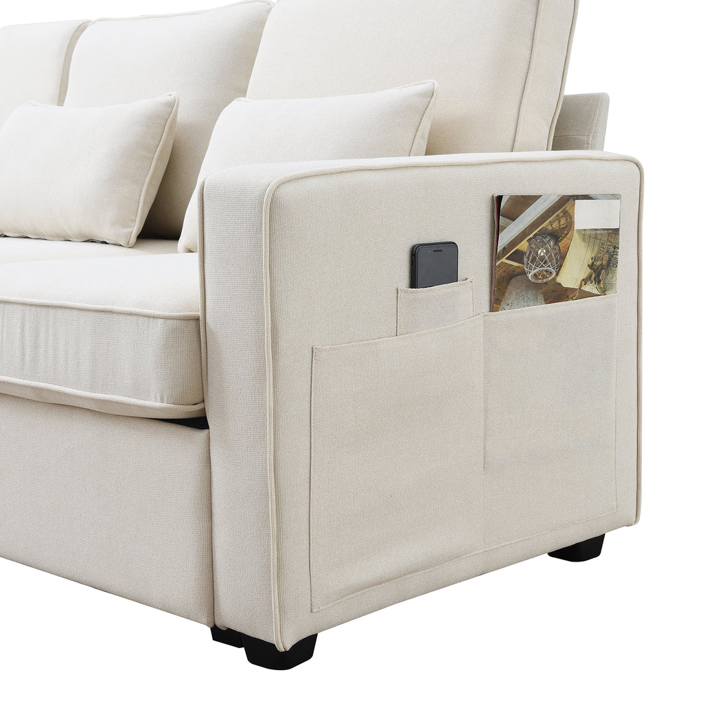 Upholstered Sofa with Console, 2 Cupholders and 2 USB Ports, Linen Fabric, 4-Seat P334489