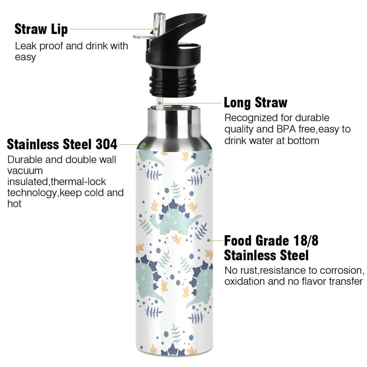 Stainless Steel Insulated Thermos Vacuum Flask Water Bottle with Straw Lid K7575