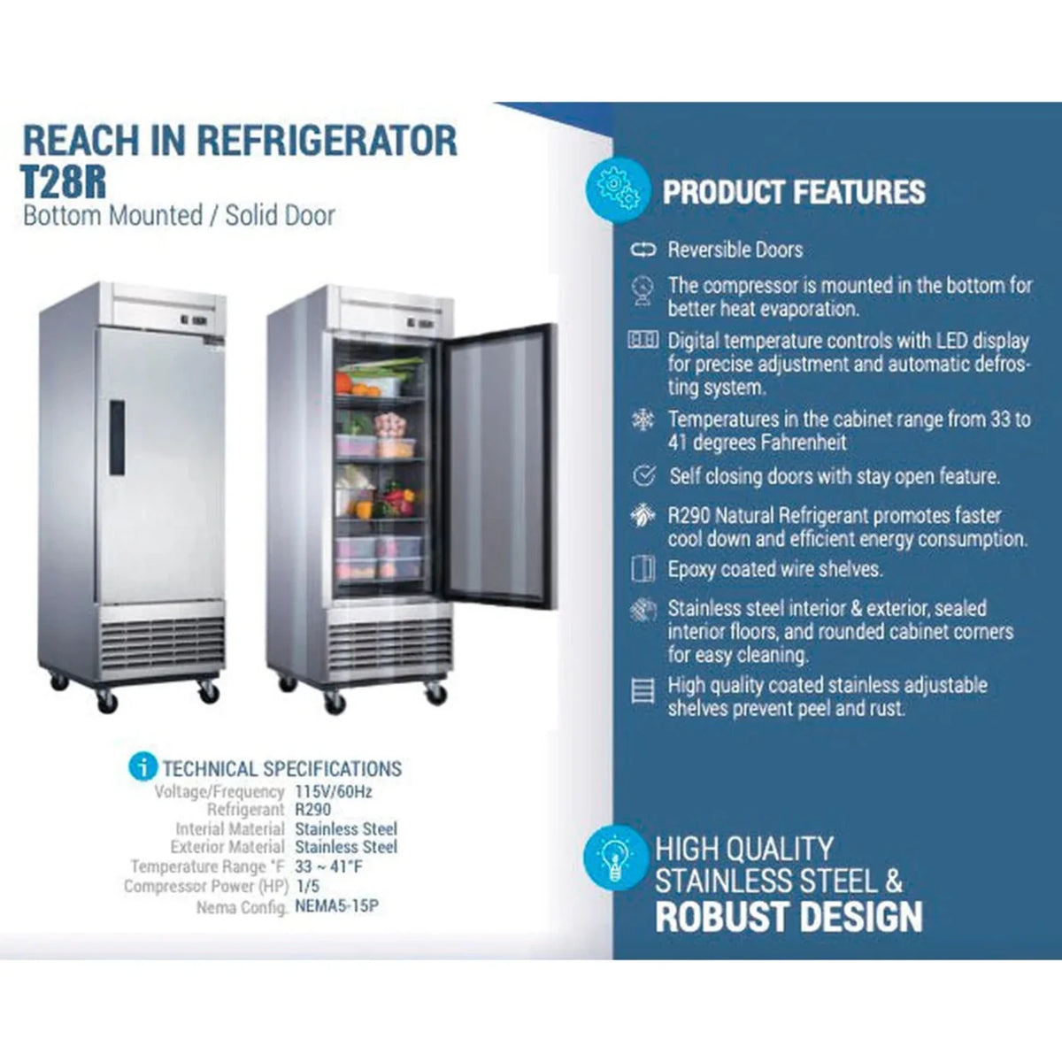 27 Reach-In Refrigerator with 1 Solid Door S7459