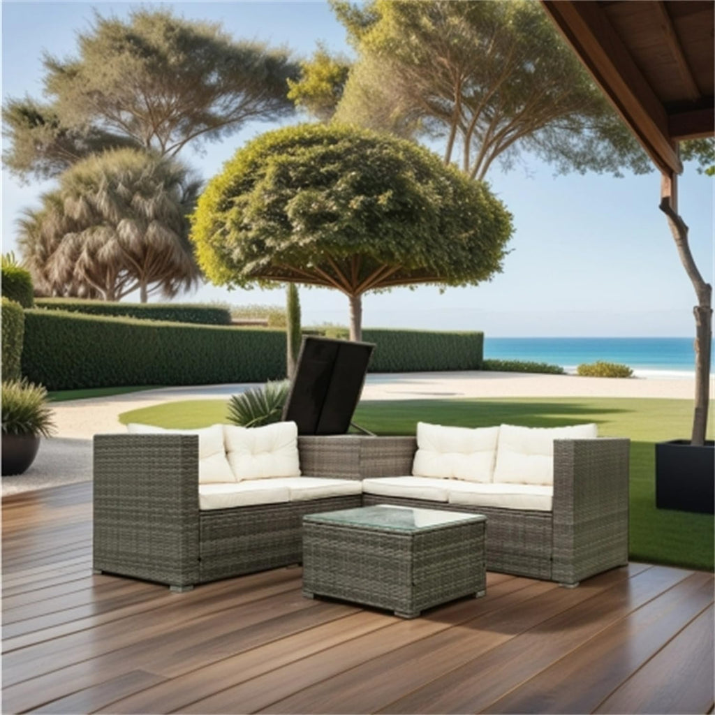 Grey Wicker Rattan Patio Sectional Sofa Set with Storage Box A3236