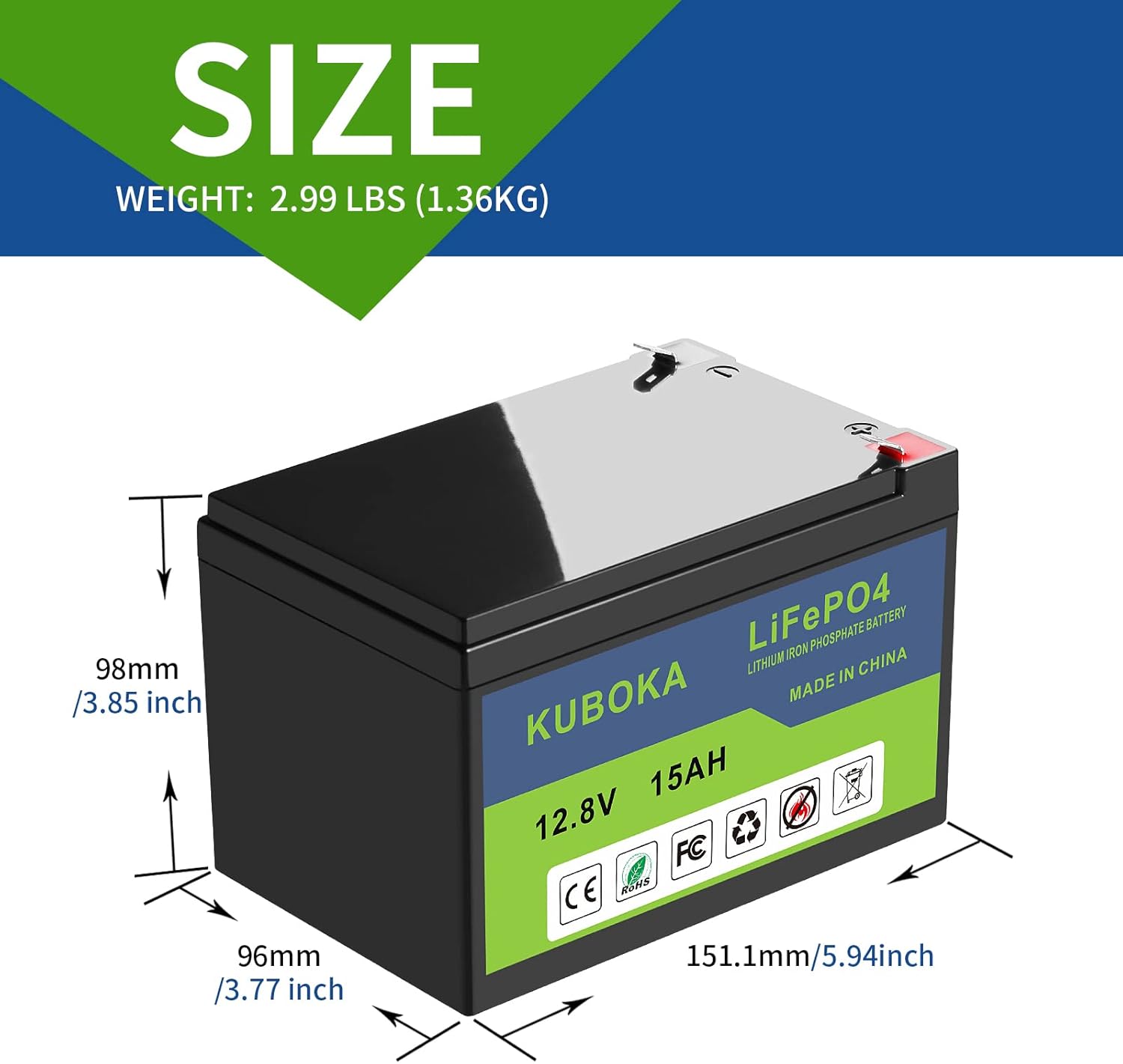 12V 15Ah Lithium-ion Rechargeable Battery Deep Cycle Pack of 2 I3439