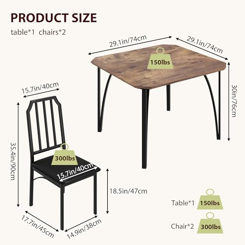 Rustic Brown 3 Piece Dining Table Set with Cushion Seats I369