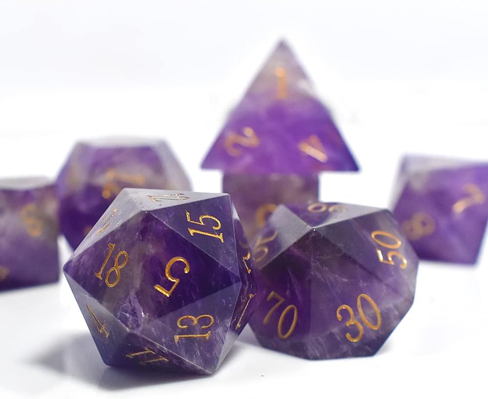 7 Pcs Amethyst Crystal Handmade Polyhedral D&D Dice Set with Metal Box O555030