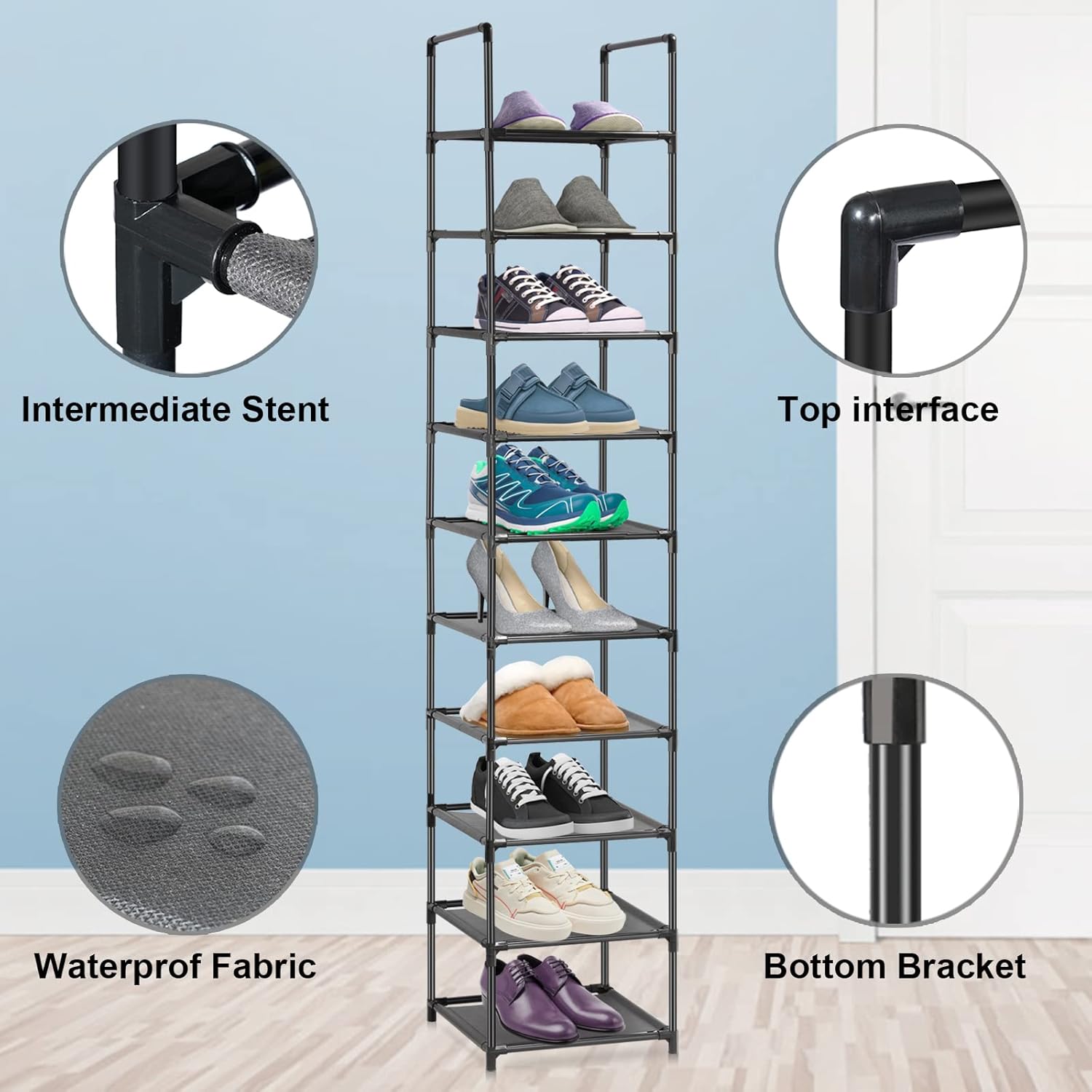 10 Tiers Narrow Tall Shoe Rack Black U19384