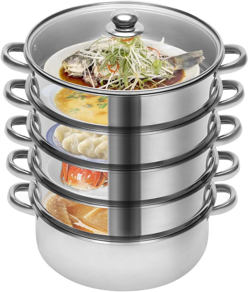 5 Tier 10inch Stainless Steel Steamer Pot with Glass Lid Q411990