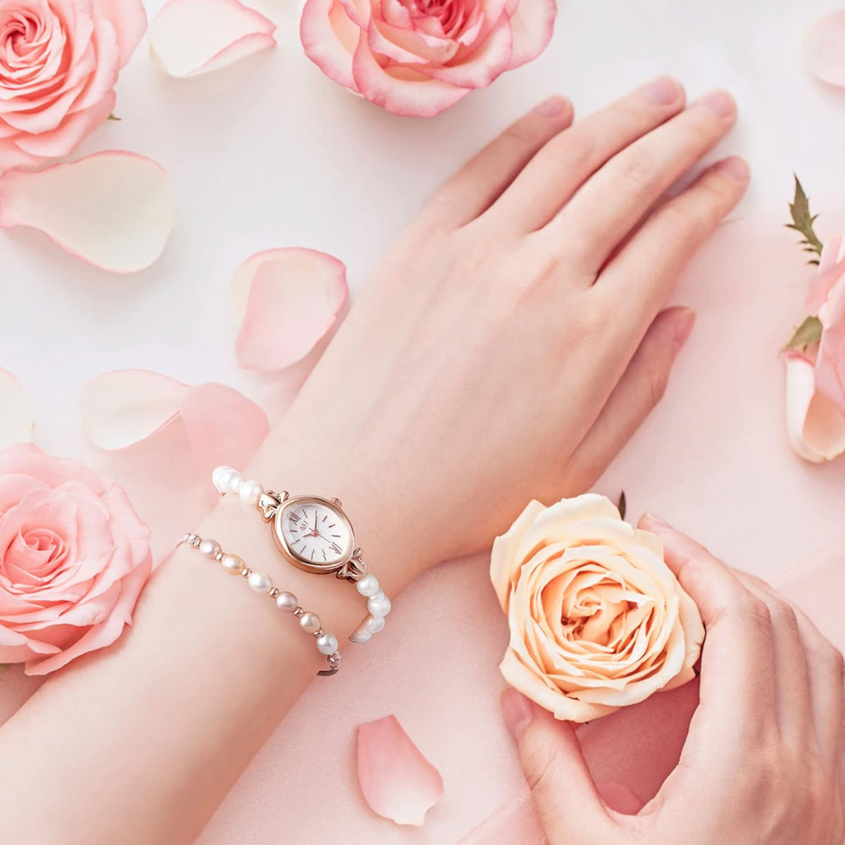 Natural Pearls Watch and Bracelet Set Rose Gold Ladies Dress Watch Set Oval Dial Wrist Watches with Pearl Bracelet M368
