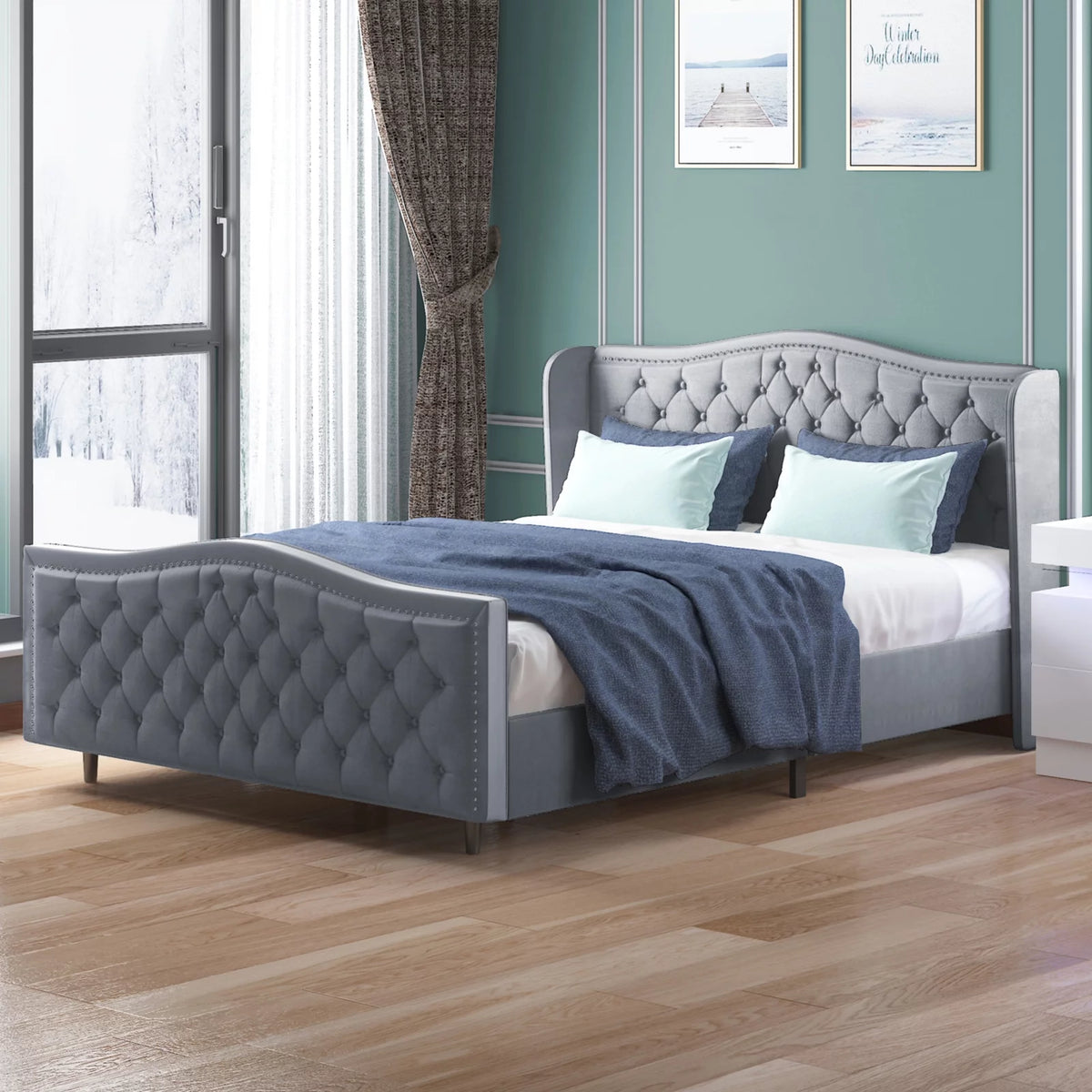 King Size Button Tufted Velvet Platform Bed Frame, Silver Grey X55323