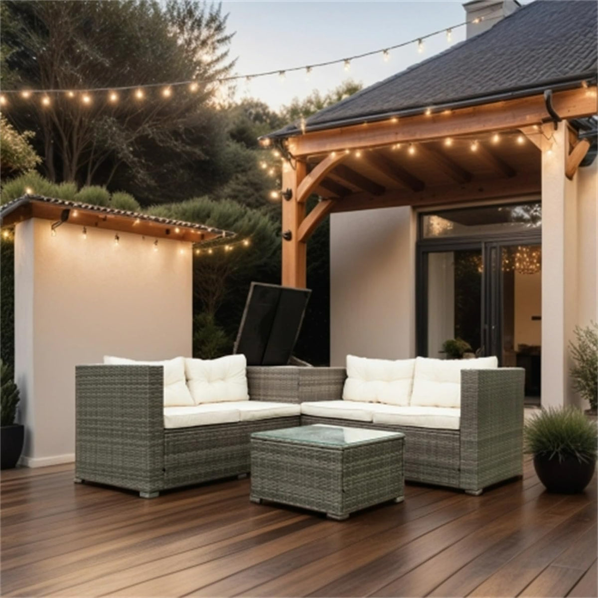 Grey Wicker Rattan Patio Sectional Sofa Set with Storage Box A3236