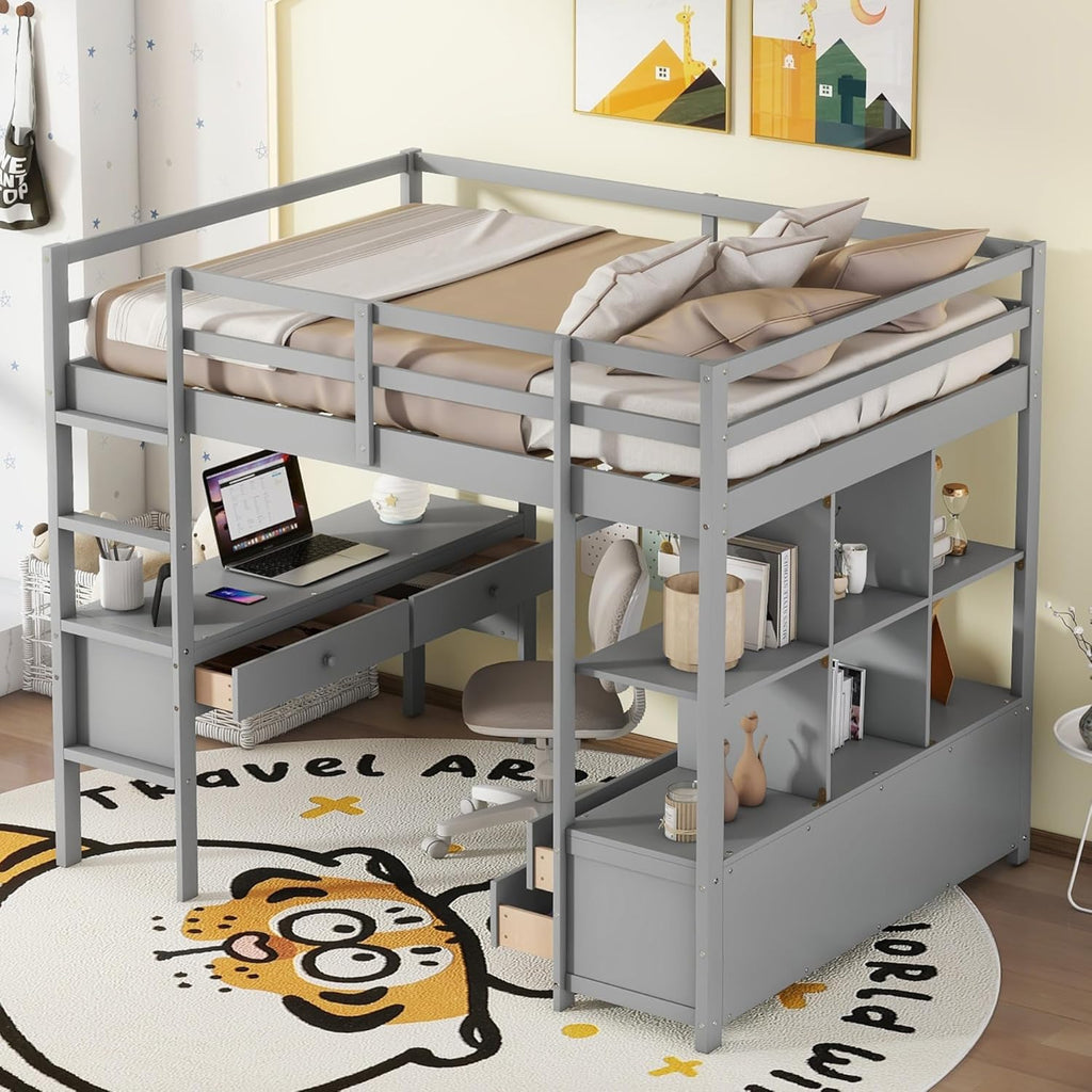 Full Size Solid Wood Loft Bed with Desk and 2 Drawers, Grey F617659