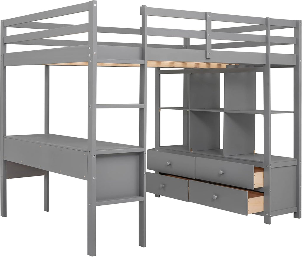 Full Size Solid Wood Loft Bed with Desk and 2 Drawers, Grey F617659
