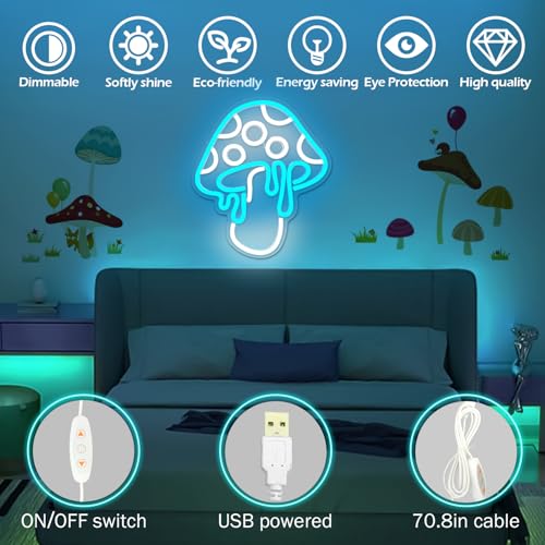 Ice Blue Dimmable Led Mushroom Neon Sign Night Light 3d Wall Art M3319
