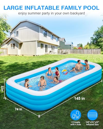 Large Inflatable Pool, 145" X 74" X 22" Oversized Thickened Blow Up Pool L89676