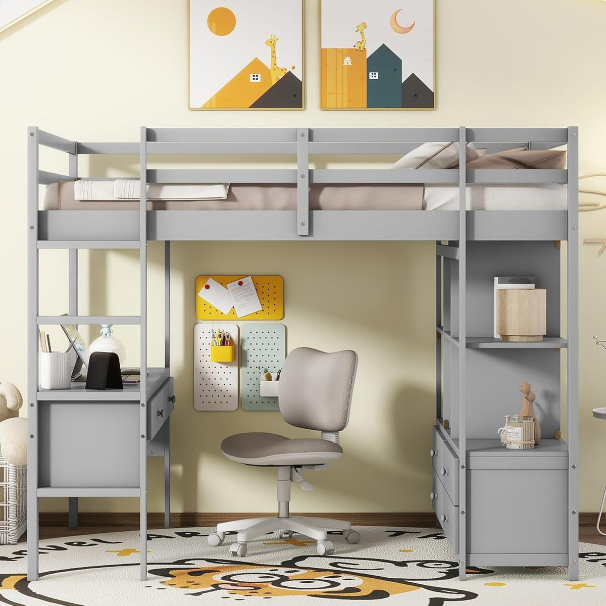 Full Size Solid Wood Loft Bed with Desk and 2 Drawers, Grey F617659