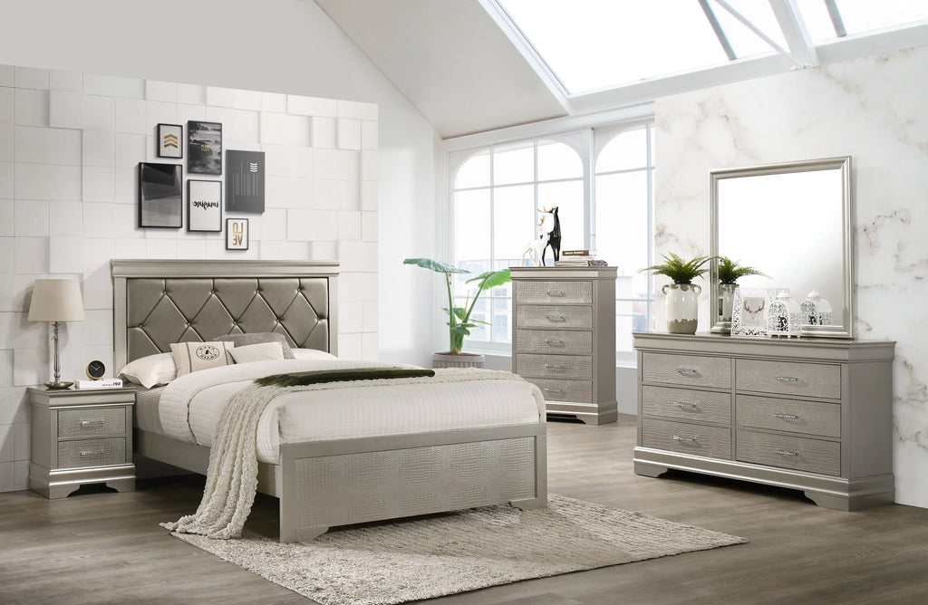 Silver Finish King Size Panel Upholstered Bed Dresser Mirror Nightstand Chest Set H510