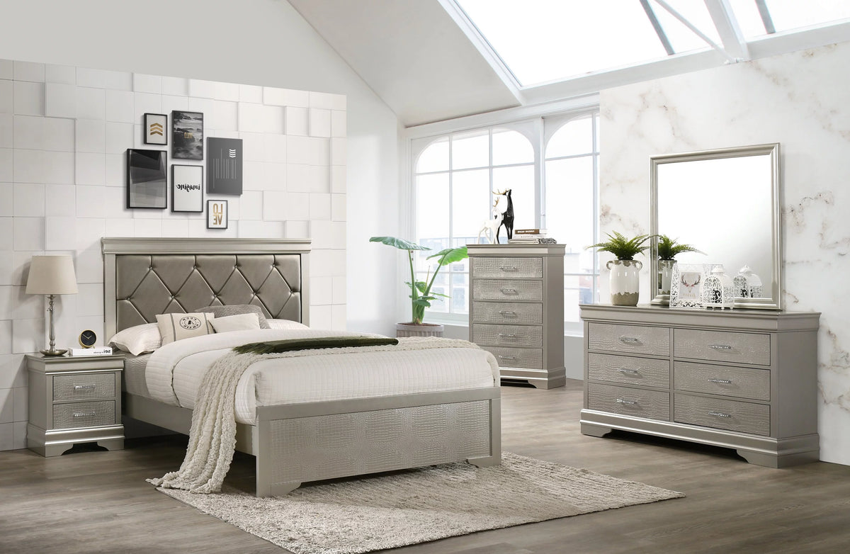 Silver Finish King Size Panel Upholstered Bed Dresser Mirror Nightstand Chest Set H510