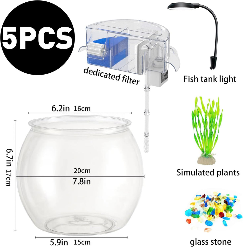 1 Gallon Clear Plastic Round Fish Tank with Filter and Light W9325