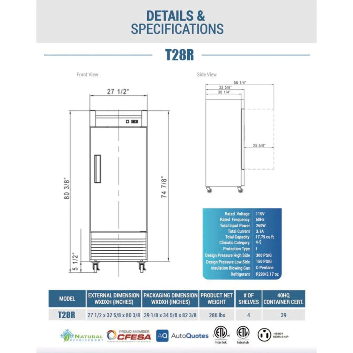 27 Reach-In Refrigerator with 1 Solid Door S7459
