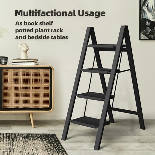 Black Steel Folding Step Ladder with Anti-Slip Wide Pedal U39770